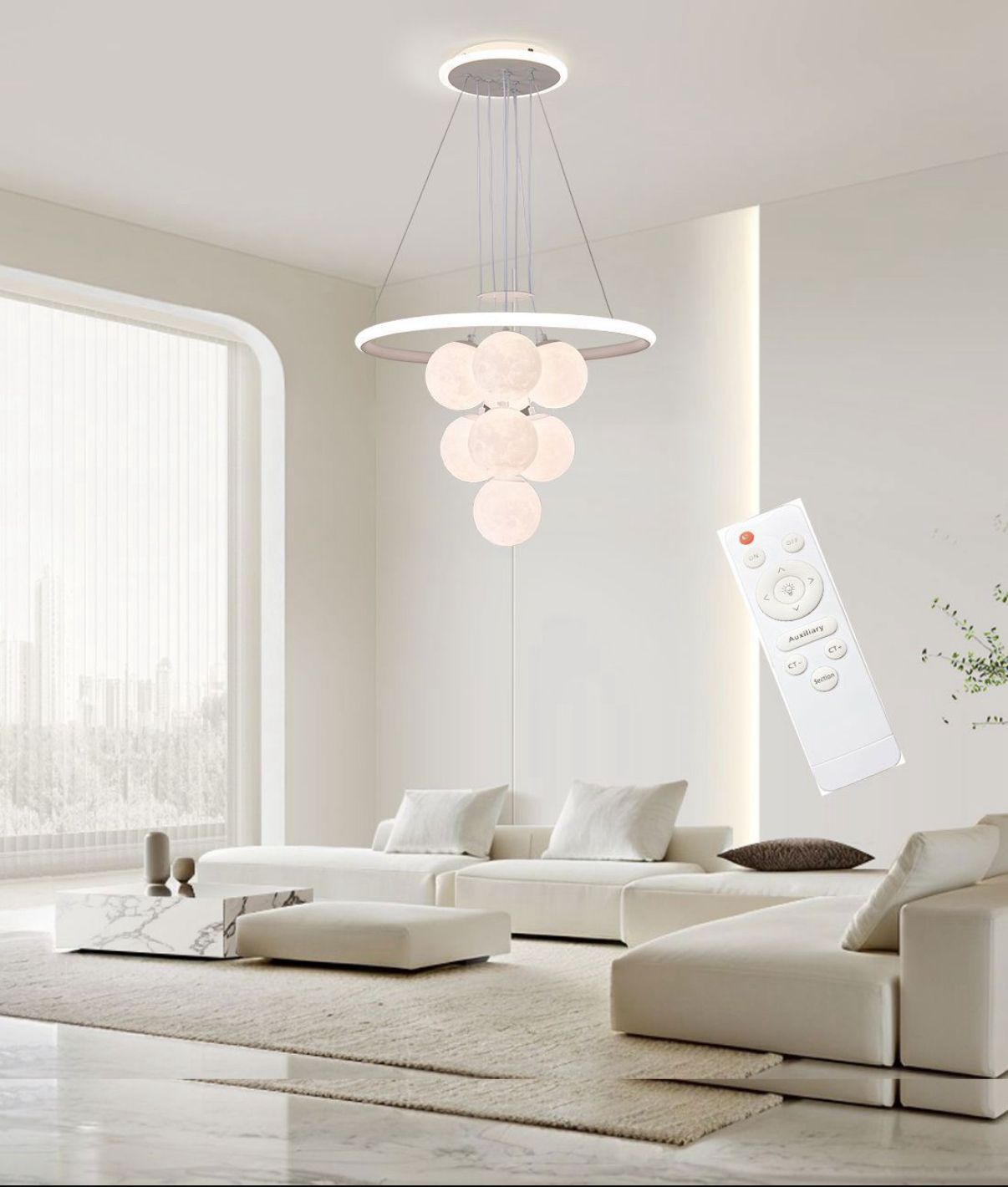Lampadario a led bianco con sfere e anello luminoso